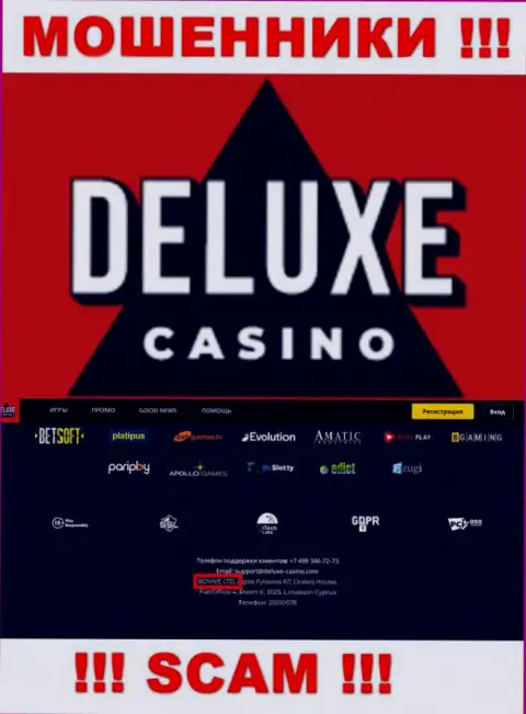 Данные о юридическом лице Deluxe Casino на их официальном веб-сервисе имеются - BOVIVE LTD