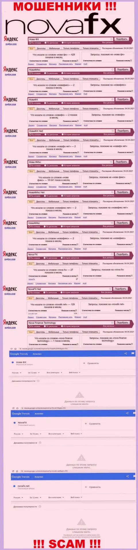 Статистические данные брендовых поисковых запросов по незаконно действующей компании НоваФИкс Нет