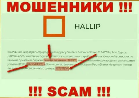 Не связывайтесь с мошенниками Hallip - существованием номера лицензии на осуществление деятельности, на сайте, затягивают наивных людей