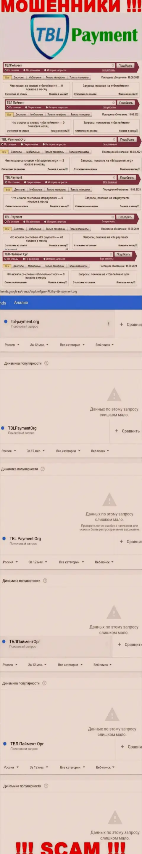 Число запросов в internet сети по бренду мошенников ТБЛПеймент