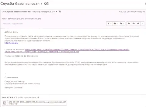 Уведомление о решении Арбитражного суда Московской области, присланное шарашкой Кокос Групп