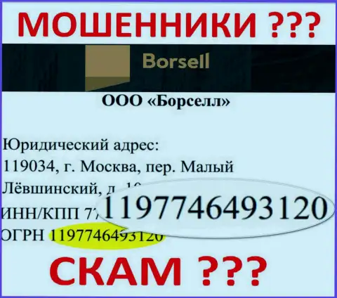 Регистрационный номер противозаконно действующей организации Borsell Ru - 1197746493120