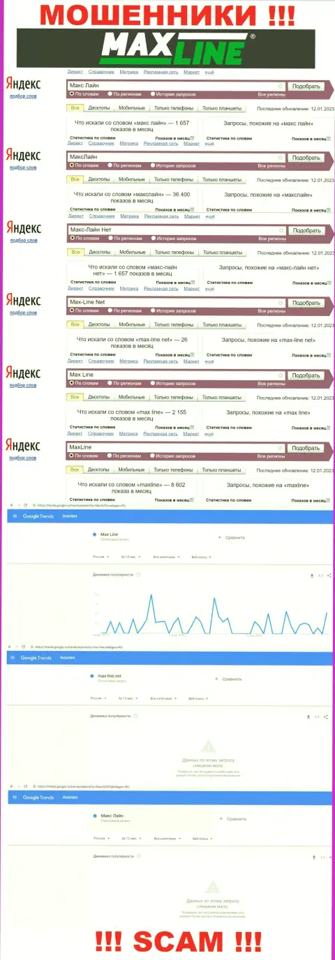 Суммарное число online-запросов во всемирной сети internet по бренду мошенников МаксЛайн