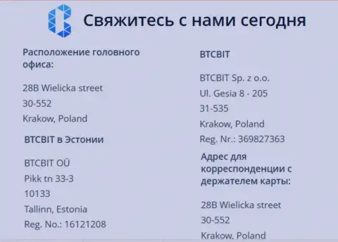 Официальный адрес криптовалютной онлайн-обменки BTC Bit и местонахождение представительского офиса обменного онлайн пункта в Эстонии, городе Таллине