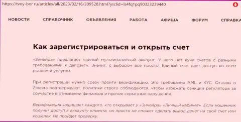 Об условиях регистрации на площадке Зиннейра речь идёт в информационной статье на онлайн-сервисе Tvoy-Bor Ru