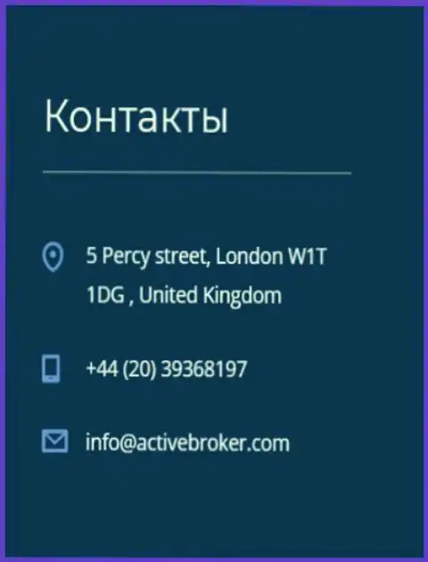 Адрес главного офиса FOREX дилера Актив Брокер, показанный на официальном сайте указанного форекс ДЦ